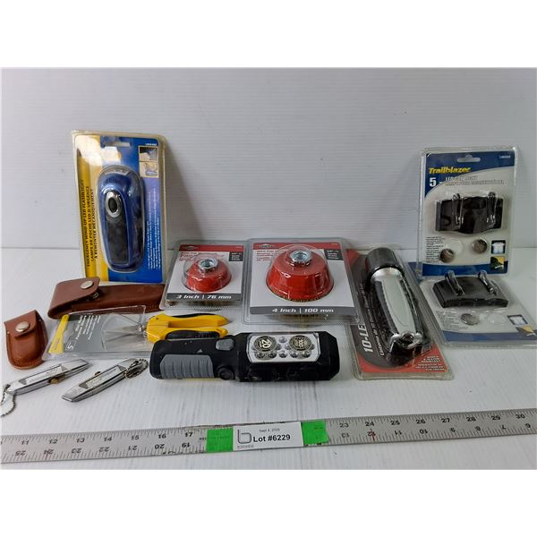 Misc Utility Lot - Misc Lights, Spinning Wire Brush, Leather Button Pouches, Other