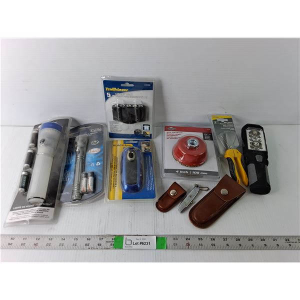 Misc Utility Lot - Misc Lights, Spinning Wire Brush, Leather Button Pouches, Other