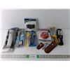 Image 1 : Misc Utility Lot - Misc Lights, Spinning Wire Brush, Leather Button Pouches, Other