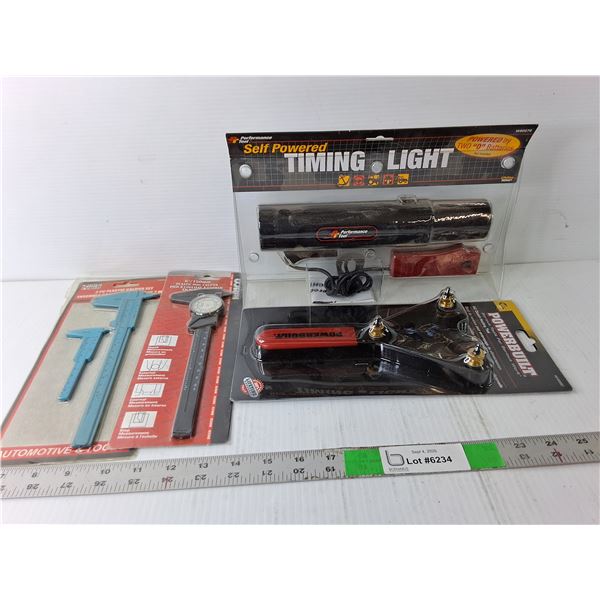 (2) Caliper Measure Tools, AC Holding Mounting Tool, Timing Light