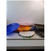 Image 1 : Variety Of Cloths,  (2) Muffin Tins, (2) Blue Plastic Platters, Heart Platter, Egg Holder