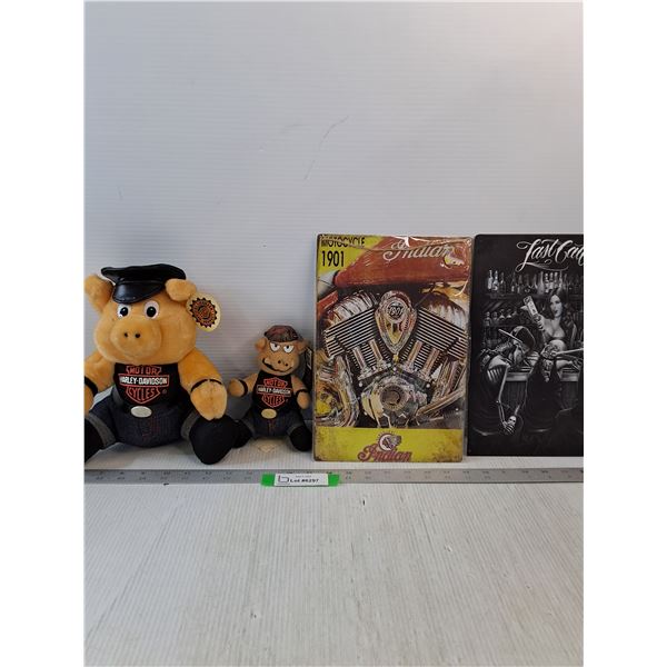 (2) Harley-Davidson Stuffed Animals & (2) Metal Signs