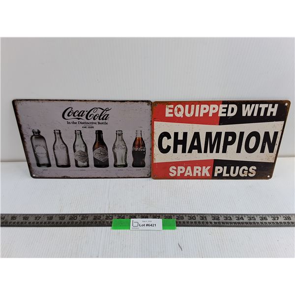 (2) 12x8″ Coca Cola and Champion Metal Signs