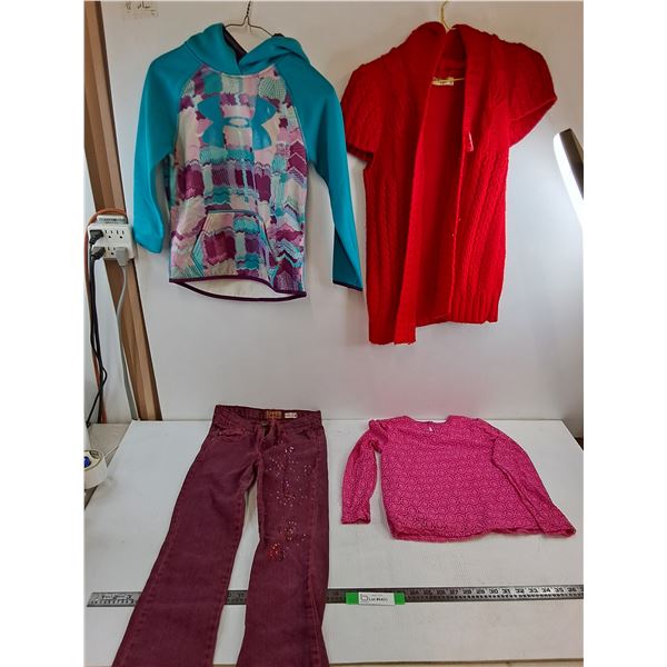 (4) Kids Clothes, Size 8 Kids Jeans, Large Knitted Red Sweater, Unknown Sizes