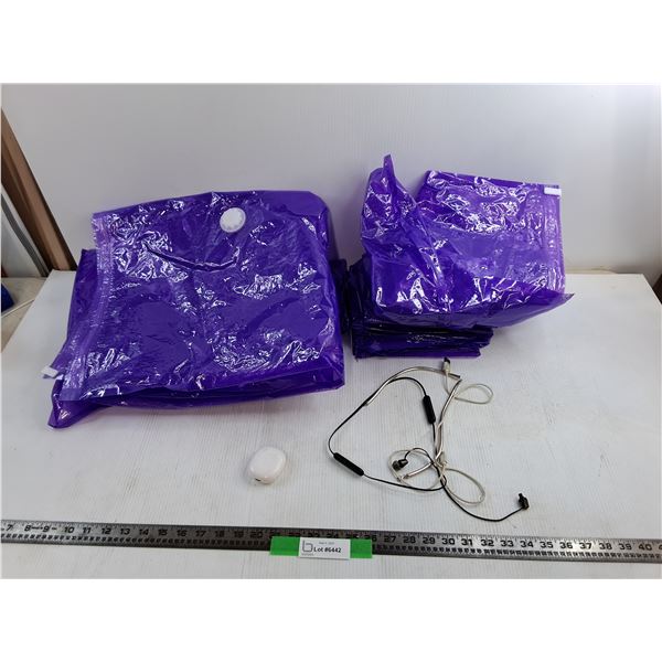 (4) 36″ Long Purple Plastic Bags, (1) Onn Wireless Earbud, Corded Sony Earbuds