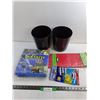 Image 1 : (2) 9″ Black Plastic Cans, NIB Soft Tarp, 54x108″ Table Cloth