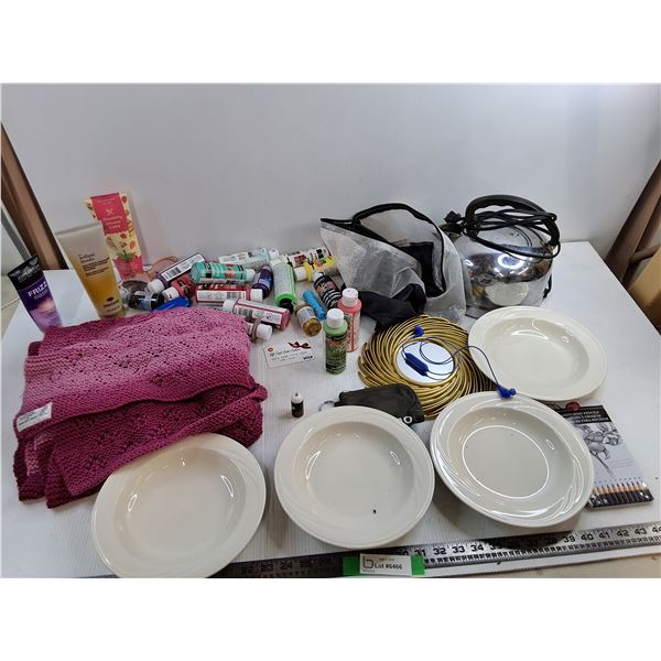 Lot of Acrylic Paint, Electric Teapot, (4) Plates Syracuse Plates -  PICK UP