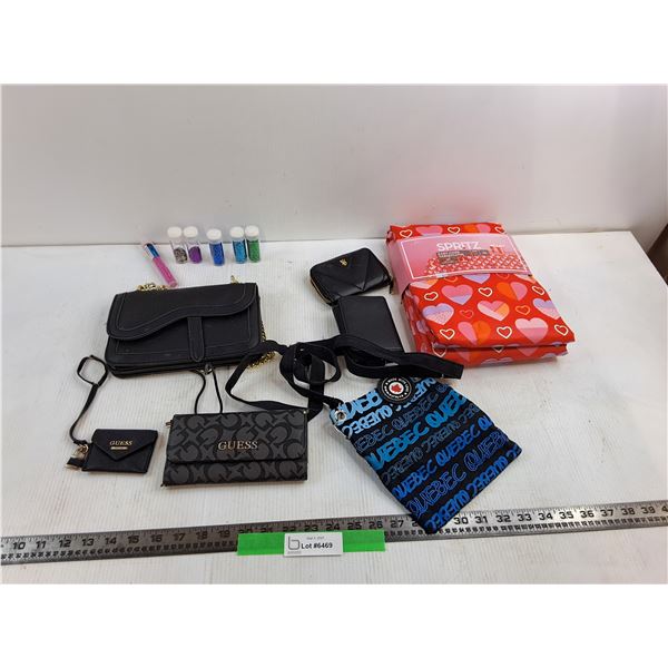 Spritz Easy Care Table Cloth, (2) Guess Purses, Victoria Secret Purse, Misc