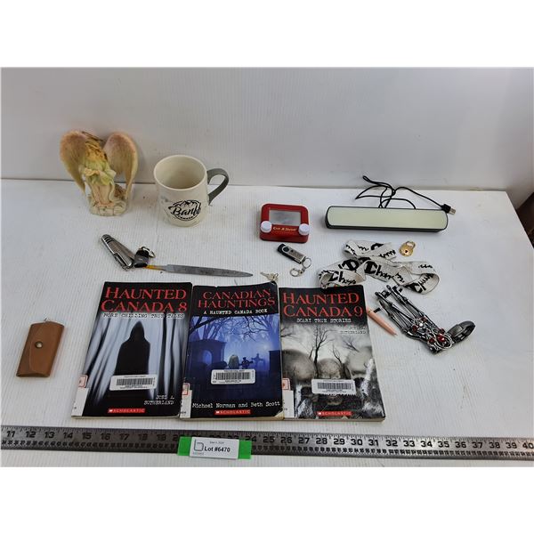 (3) Haunted Canada Novels, Mini 4″ Etch-a-Sketch, Led Light Bar Works, Misc