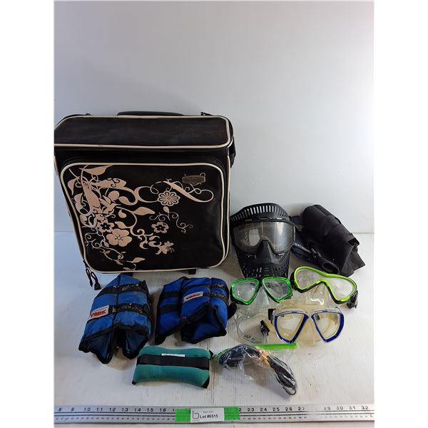 York Weighted Bracelets, Paintball Mask, Swimming Goggles, Suitcase 17" x 16" x 8"