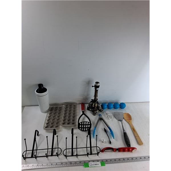 (2) Door Coat Hooks, Potato Masher, Tongs, Misc - As Is