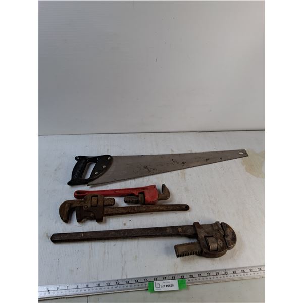 (3) Pipe Wrenches, Saw - As Is -  PICK UP
