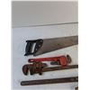 Image 2 : (3) Pipe Wrenches, Saw - As Is -  PICK UP