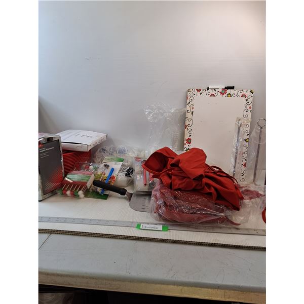 (2) Napkin Dispensers, White Board, Aprons Tooth Picks, Red Food Baskets & Plastic Cups
