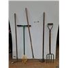Image 1 : **(5) Gardening Tools-Posthole Auger, Rakes, Pitchfork, Cannot Ship