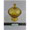 Image 1 : Vintage Amber Glass Footed Covered Candy Dish - 8" High x 5.5" Dia