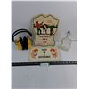 Image 1 : Vintage Lot - Wall Signs, Violin Bottle, Radio Headphones