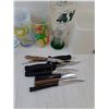 Image 6 : (3) Glasses, (4) Plastic Cups, Metal Water Bottle, Container & Kitchen Knives