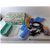 Image 1 : Cardboard Storage Box 14.5" x 10" x 5" , Wooden Dolphin Figurines, Pill Sorters, Misc.