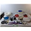 Image 1 : Kitchen Lot- (4) Mixing Bowls, Measuring Cups, Wooden Spoon, Misc.