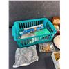 Image 2 : Plastic Basket, Various Jewelry, Headphones, Makeup Puffer, Misc