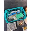 Image 3 : Plastic Basket, Various Jewelry, Headphones, Makeup Puffer, Misc