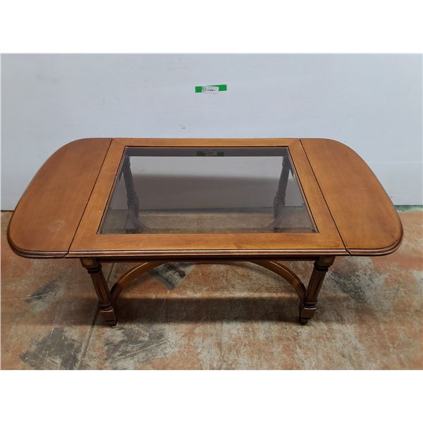 *Wood Coffee Table with Glass Top and Collapsible Sides 45.5" x 24" x 16", Cannot Ship