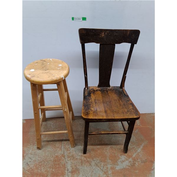 *Vintage Wooden Chair 36.5" Tall &  Stool- Paint Stains, Cannot ship