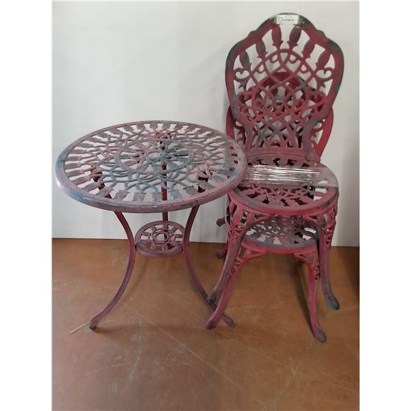 ** Red Heavy Cast Steel Outdoor Bistro Set (Table 2' Dia x 27" High & 2 Chairs - Faded) - Pickup