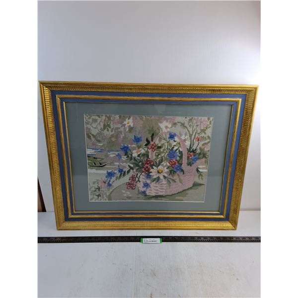 * Wood Framed Needle-Point "Flower Basket" Wall Art - 29" x 23" - PICK UP