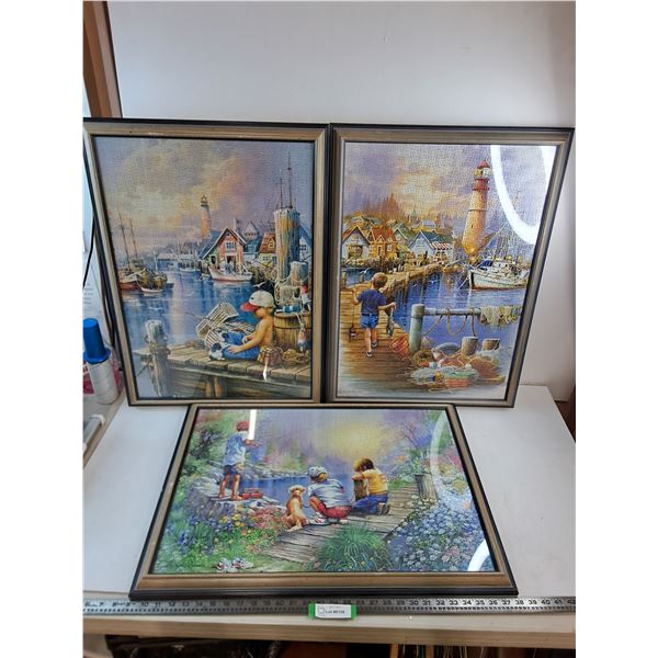 (3) Wood Framed Jigsaw Puzzle Pictures - All 29" x 21" - Pickup Preferred