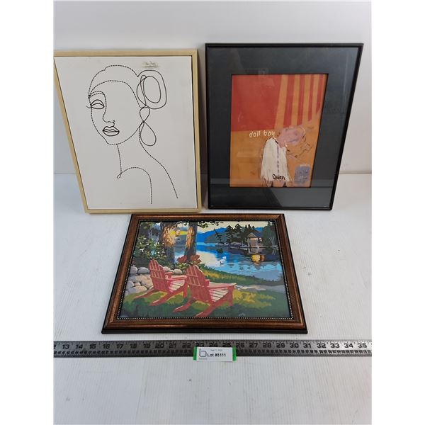 (3) Framed Wall Art (Stitched Lady 15" x 12", Doll Boy 16" x 13", Lake Serenity 16" x 13")