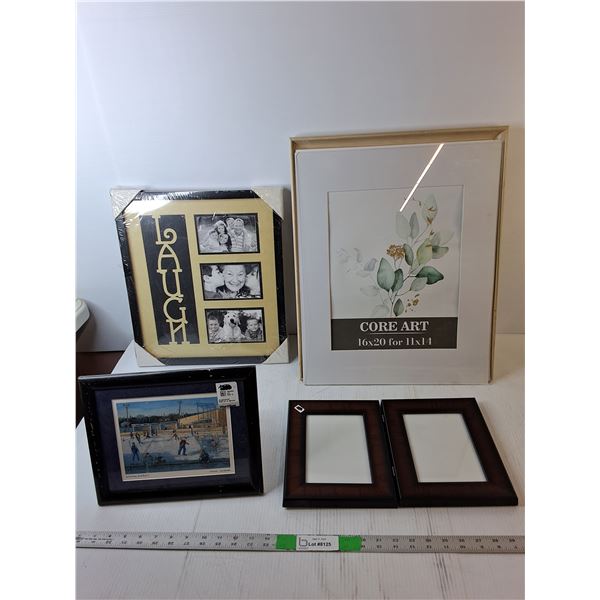 (4) Photo Frames- As Is, Some Water Damage & Framed Hockey Painting Up to 21" x 17"