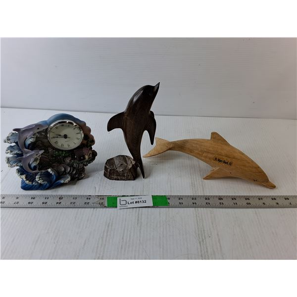 Dolphin Lot- (2) Wooden Figurines & Ceramic Desk Clock