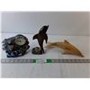Image 1 : Dolphin Lot- (2) Wooden Figurines & Ceramic Desk Clock