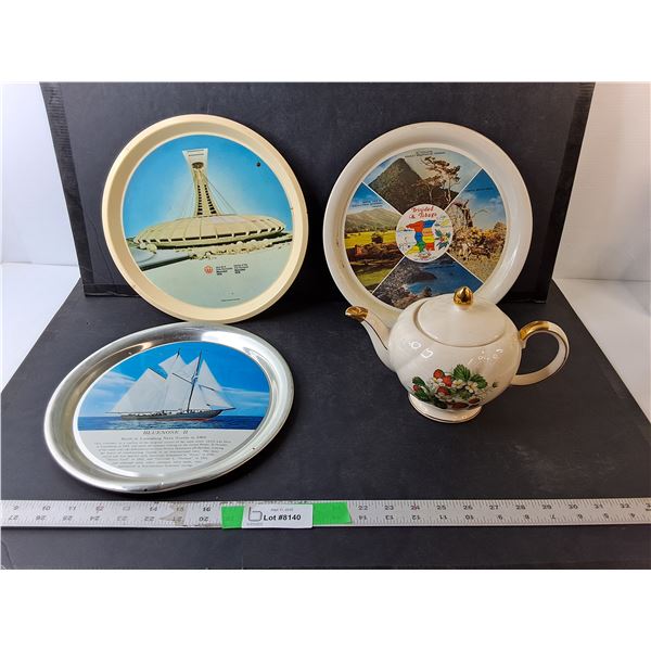 (3) Metal Souvenir Plates 11" & Ceramic Tea Kettle
