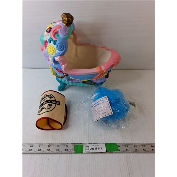 Ceramic Basinette Figurine 10" x 11", Bath Sponge, Saskatoon Radio Club Armband