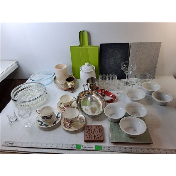 Kitchen Lot- (2) Cutting Boards, Bone China Teacups & Plates, Misc.