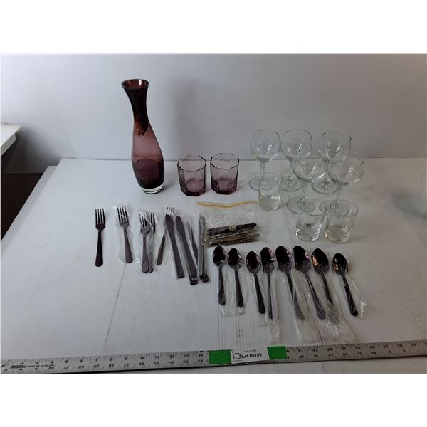 Glass Vase 11.75" Tall, Purple Cutlery, Wine Glasses, Misc.