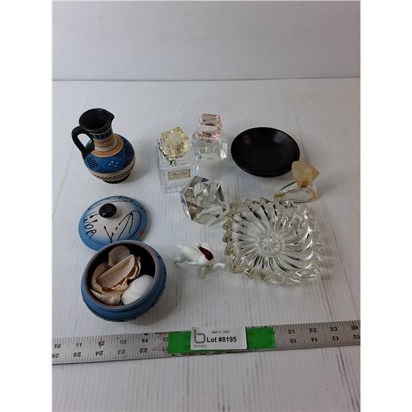 Decorative Seashells, Glass Ashtray, Miniature Ceramic Pitcher, Misc.
