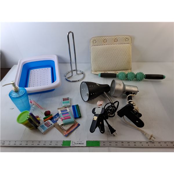 Paper Towel Holder, (2) Clamp Lamps- One Working/Bulb Not Included, Massage Roller, Misc.