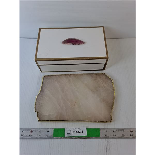 Wood Jewelry Box with Decorative Stone & Stone Tray