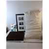 Image 1 : King Size Pillow, (2) Framed Art Pieces- Some Water Damage Up to 22" x 12", Misc.