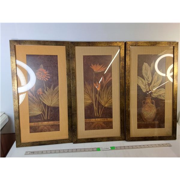 (3) Framed Floral Art Pieces 25.75" x 14", Some Water Damage - PICK UP
