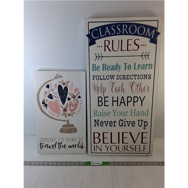 (2) Wooden Decor Signs- Classroom Rules & Travel the World, Up to 30.5" x 15.25"