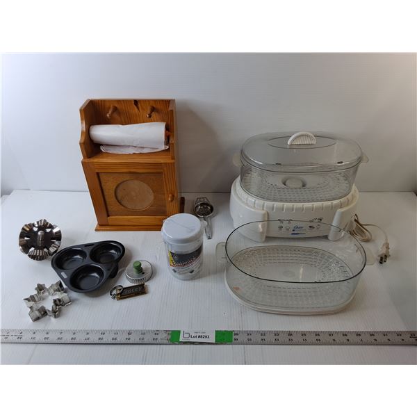 Oster Instant Steam- Powers On, Wooden Cabinet 8.5" x 5.5" x 12", Cookie Cutters, Misc.