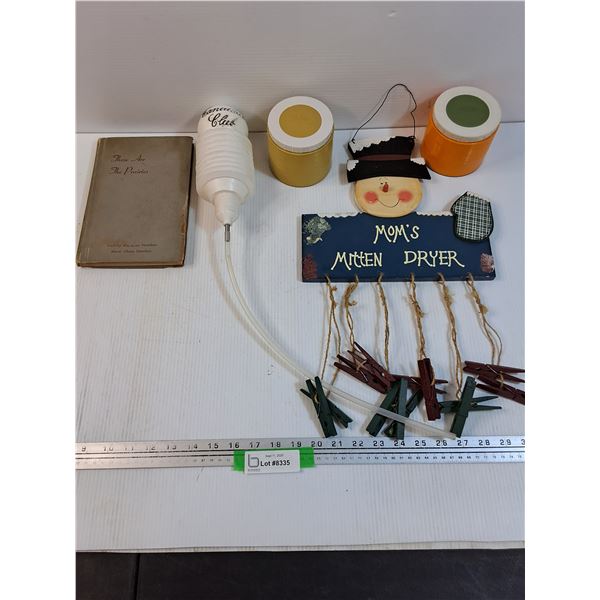 Lot: (2) Vintage Thermos, Mitten Dryer, Canadian Club Texas Mickey Pump, The Prairies Hardcover Book