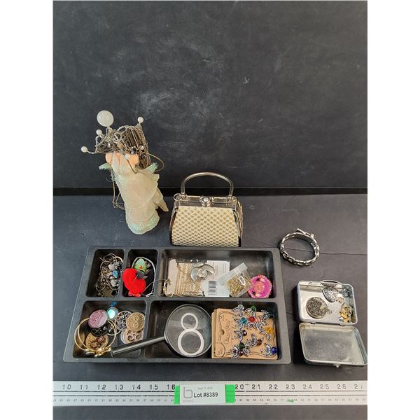 Jewelry Purse Box, Jewelry Rack, Earrings, Magnifying Glass, Various Jewelry