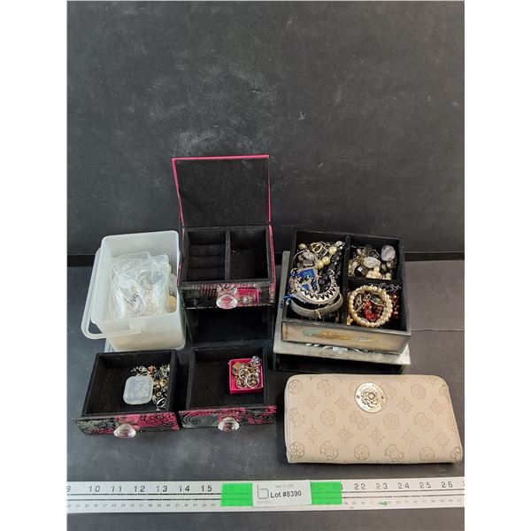 Various Jewelry, Jewelry Boxes, Guess Ladies Wallet
