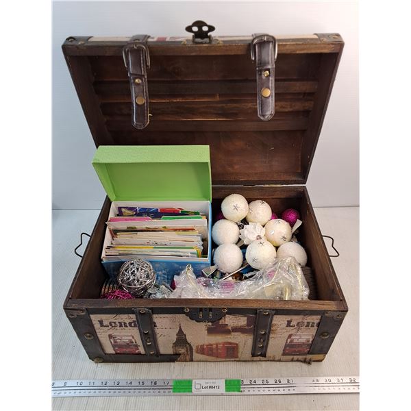Various Christmas Ornaments, Wish Cards, Decorative Wooden Chest 12" x 20" x 14", Cannot Ship